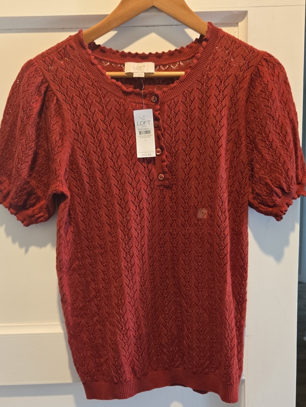 LOFT Brick Red Knit Puff-Sleeve Henley Top
